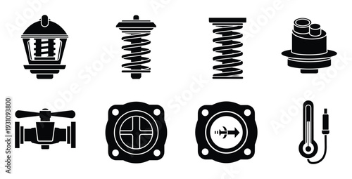 Technical details vector icons set, including valves, springs, gauges, and thermometers. Engineering components.