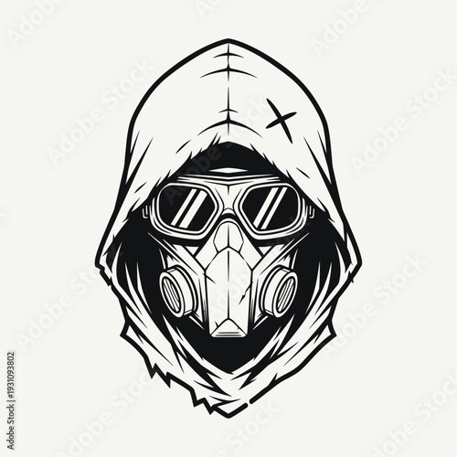 Street Art Hooded Figure with Gas Mask and Goggles - Urban, Grunge, Cyberpunk Vector Illustration