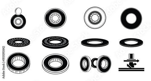 Technical illustration of bearings and washers, depicting various types and a mechanical seal assembly