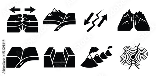 Tectonic plates diagram, plate boundaries, geological formations, earthquake fault lines, volcanic activity, seismic waves