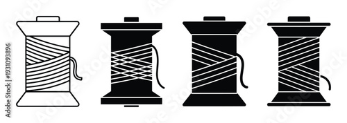 Thread spools vector illustration set, sewing craft materials, black and white drawing of cotton reels
