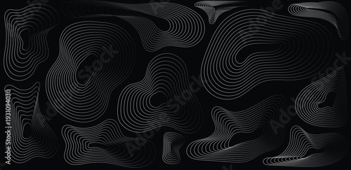 Abstract topographic contour map background with thin white lines on black background