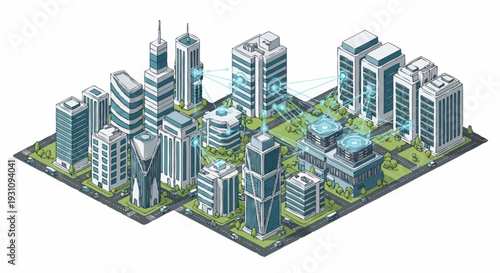 Isometric cityscape with modern skyscrapers and green spaces.
