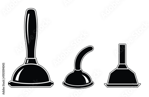 Three plunger types vector illustration, toilet plunger and sink plunger line art design in black and white