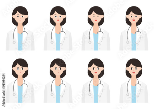 シンプルな女医の表情イラストセット（上半身）