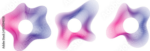 Set of abstract circular wavy dot shapes with pink and blue gradient, isolated on white background