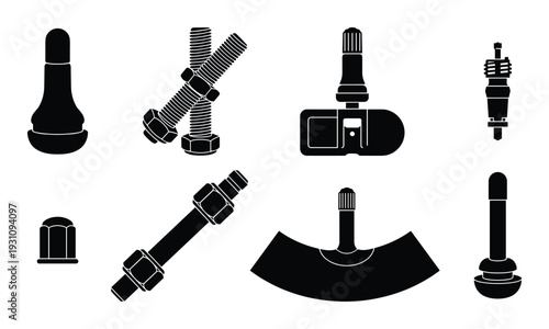Tire valves, bolts, and nuts isolated design. Auto parts accessories collection in vector illustration style