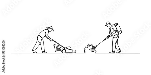 Illustration of two gardeners performing yard maintenance with a lawn mower and leaf blower. Vector, illustration