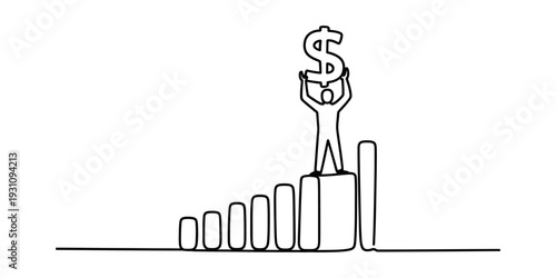 Continuous line drawing of a person standing on a rising bar chart holding a dollar sign high. Vector, illustration