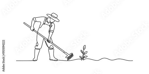 Continuous line drawing of a male farmer working in a field with a rake and a small plant Vector, illustration