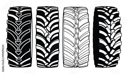 Tractor Tire Tread Patterns Vector, Various Styles of Lug and Groove Design, Agricultural and Off-Road Tire Types