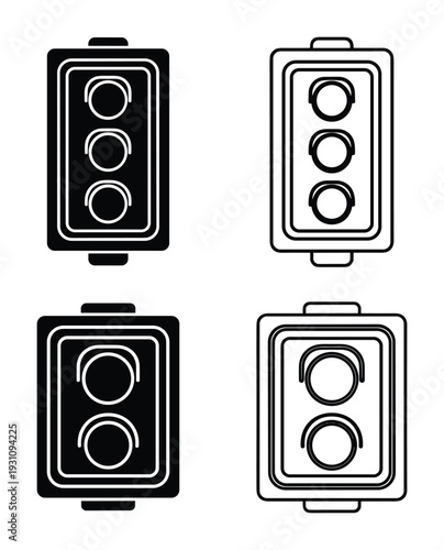 Traffic light signals in vector format, three and two lights, black and white drawing of signal devices