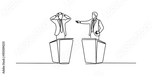 Continuous line drawing of two male politicians having a heated debate at their podiums. Vector, illustration
