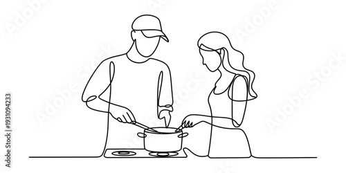 Continuous one line drawing of a young couple cooking a meal together in the kitchen. Vector, illustration
