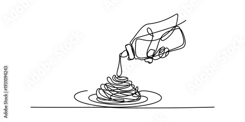 A minimalist line drawing showing a hand pouring oil from a bottle onto a plate of pasta. Vector, illustration