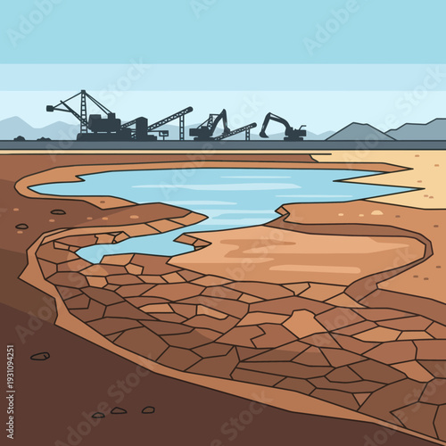 Dry cracked earth with industrial machines.