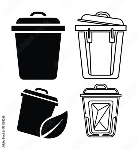 Trash can icons set collection vector illustration, various styles, recycling and environmental protection concept