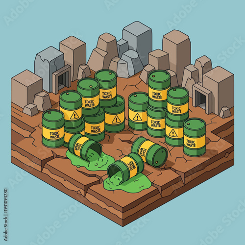 Toxic Waste Barrels in Isometric View.