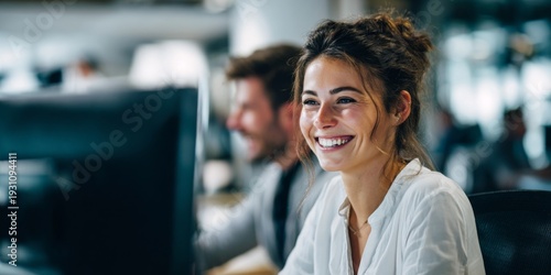 Happy young woman smiles while working at a computer in a modern office environment, showcasing the joy of teamwork and collaboration in a professional setting