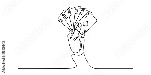 Continuous line drawing of a hand holding a fan of five playing cards on a white background Vector, illustration