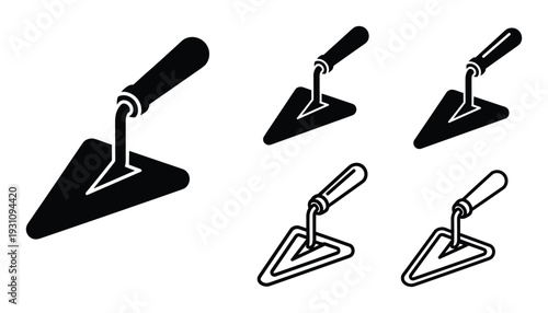 Trowel vector icons set, construction tool illustration in black and white colors with multiple design variations