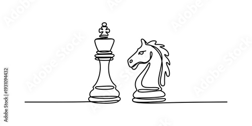 Hand drawn continuous line art of a chess king and knight on a white background Vector, illustration