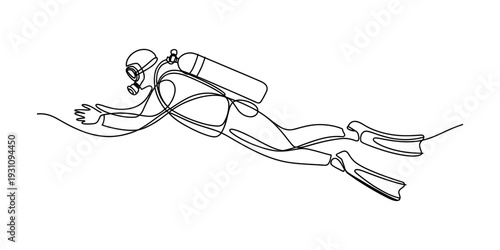 A simple continuous line drawing of a scuba diver swimming underwater with a tank and fins. Vector, illustration