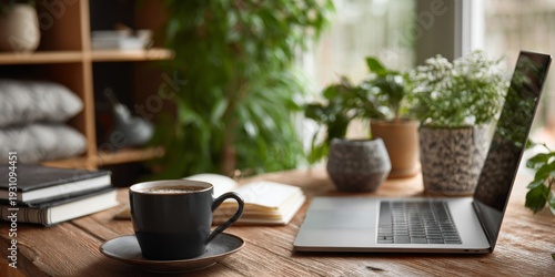 Wallpaper Mural Cozy workspace with laptop, coffee cup, and indoor plants for productivity in a calm and inspiring environment surrounded by nature and warmth Torontodigital.ca