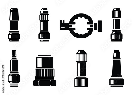 Valve stems vector set for car tires or tubes. Automotive accessories collection black silhouette illustration.