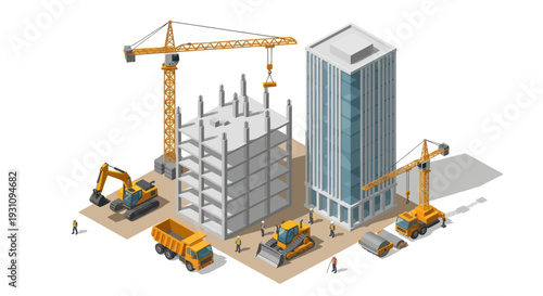 Isometric Construction Site with Buildings and Heavy Machinery.