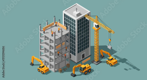Isometric Construction Site with Buildings and Heavy Machinery.