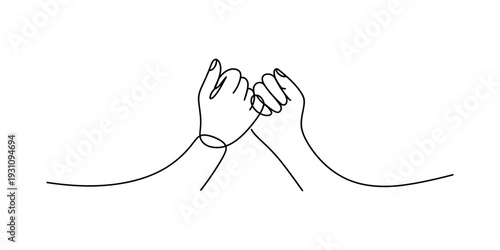 Continuous line drawing of two hands making a pinky swear promise for friendship and trust. Vector, illustration