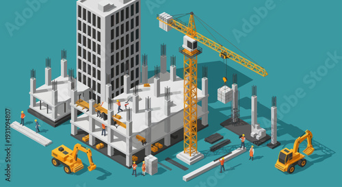 Isometric Construction Site with Cranes and Buildings Under Development.