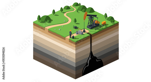 Isometric Cross Section of Earth with Oil Drilling Rig.