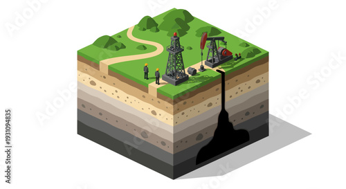Isometric Cross Section of Oil Drilling and Extraction.