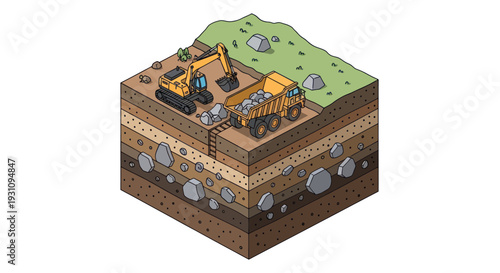 Isometric Cross Section of Mining Operation with Excavator and Dump Truck.
