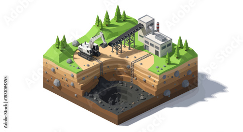 Isometric Cross-Section of a Mining Operation with Excavators and Conveyor Belt.