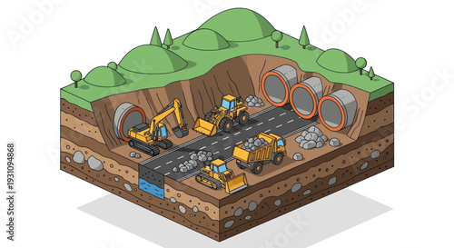Isometric Cross-Section of Underground Tunnel Construction Site.