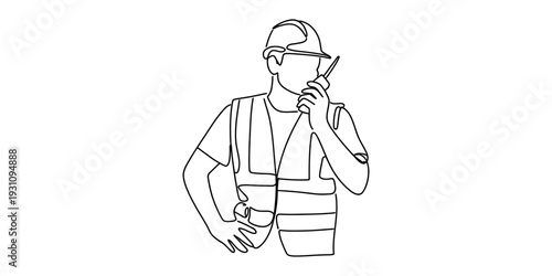 A line drawing of a construction worker wearing a hard hat and safety vest using a walkie talkie Vector, illustration