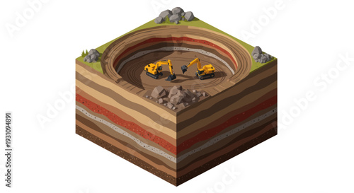 Isometric Cross-Section View of an Open-Pit Mine with Heavy Machinery.