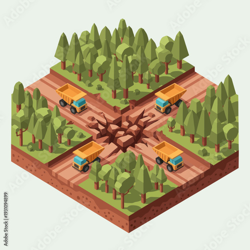 Isometric Illustration of Trucks in Forest Clearing.