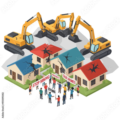 Protesters stopping excavators from demolishing houses.