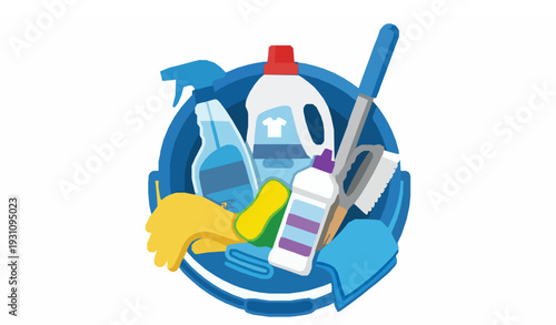 Cleaning Supplies in Bucket Flat Vector Set with Household Tools and Detergent Products