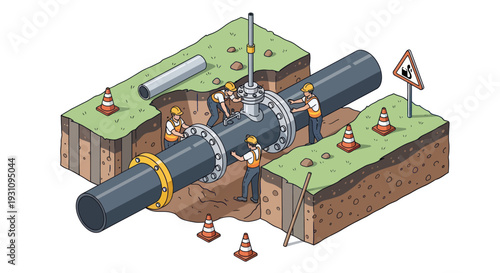Isometric illustration of workers installing a large pipeline underground.