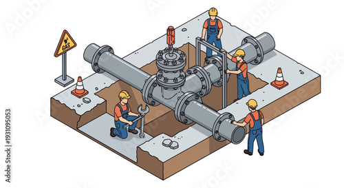 Isometric illustration of workers repairing a large underground pipeline system.