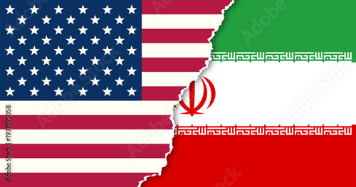 Concept showing geopolitical conflict iran and usa. usa national flag vs iran national flag.