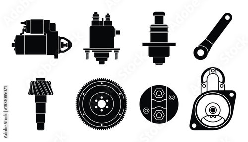 Vehicle engine components black silhouette set. Starter, pump, gear, flywheel and other auto parts vector.