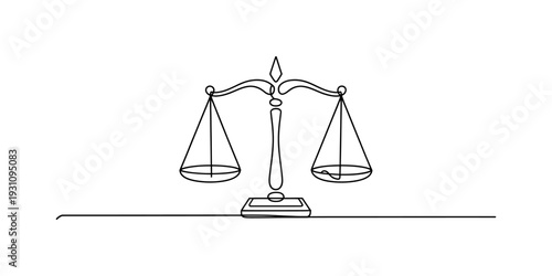 Continuous line drawing of a justice scale representing law and balance on a white background. Vector, illustration