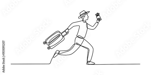 Minimalist one line art of a traveler running late with luggage and holding a ticket Vector, illustration