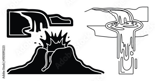 Volcano lava flows illustration, abstract river and underground water flow diagram vector design element
